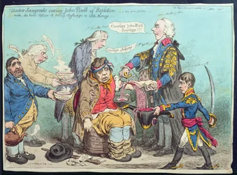 Dr. Sangrado geneest John Bull van Repletie, gepubliceerd door Hannah Humphrey in 1803 (handgekleurde ets)