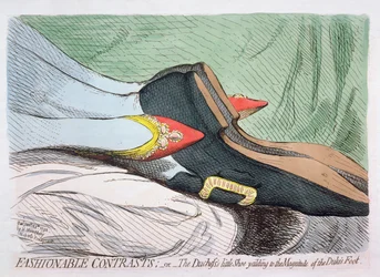 Modieuze Contrasten, of Het kleine Schoentje van de Hertogin dat toegeeft aan de Grootte van de Voet van de Hertog, gepubliceerd door Hannah Humphrey in 1792