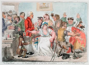 Spotprent van Gillray over vaccinatie tegen pokken met koepokkenserum, 1802