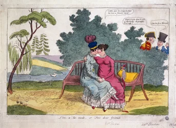 Lady Strachan en Lady Warwick vrijen in een park, terwijl hun echtgenoten afkeurend toekijken.