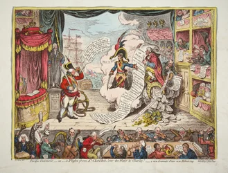 Pacific-Overtured, - of- een vlucht van St Clouds- over het water naar Charlet. - een nieuw dramatisch stuk nu gerepeteerd, pub. 1806 (handgekleurde gravure)