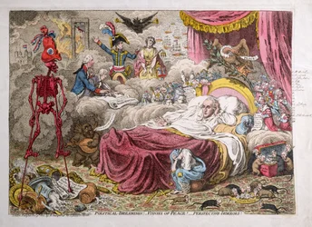 Politieke dromen! - Visioenen van vrede! - Perspective Horrors! uitgegeven door H. Humphrey in 1801 (handgekleurde ets)