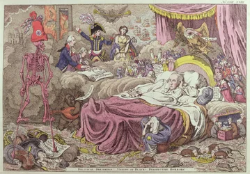 Politieke dromen, visioenen van vrede, toekomstige verschrikkingen, karikatuur over de Vrede van Amiens, 25 maart 1802