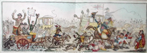 Op weg naar de verkiezing: een scène op de weg naar Brentford, uitgegeven door Hannah Humphrey in 1806