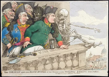 De Corsicaan en zijn Bloedhonden bij het Raam van de Tuilleries, Kijken over Parijs, gepubliceerd door Hannah Humphrey in 1815 (handgekleurde ets)