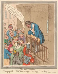 Die Wahlkampfveranstaltung - Vox Populi, - "Wir wollen einen Krug! - Einen Krug! - Einen Krug! / Bürgermeister von Garret--" (Fox) (aus: Karikatur, Bd. 1)