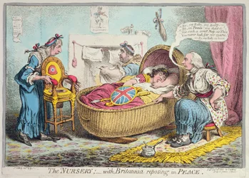 De kinderkamer! met Britannia rustend in vrede, gepubliceerd door Hannah Humphrey in 1802