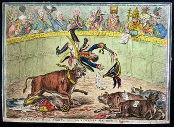 Het Spaanse stierengevecht, of de Corsicaanse matador in gevaar, uitgegeven door Hannah Humphrey in 1808