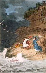 Twee Regency schoonheden gestrand op een kust door een storm, ca. 1795-1805