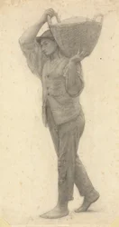 Man die een mand aarde draagt