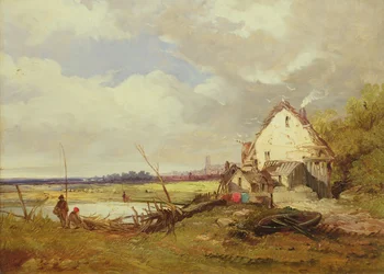 Vissers bij een huisje aan de rivier