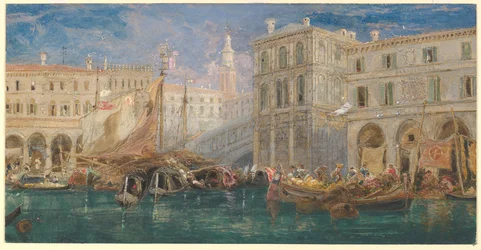 De sinaasappelmarkt, met de Rialtobrug op de achtergrond, Venetië