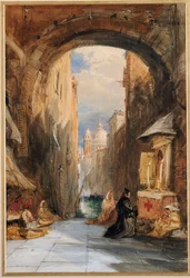 Venetië: een Edicola onder een Boog, met Santa Maria della Salute in de Verte, 1853