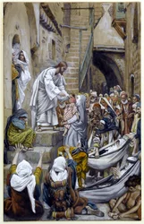 En de hele stad verzamelde zich bij de deur, illustratie voor Het leven van Christus