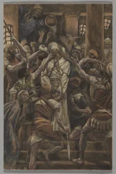 Mishandelingen in het Huis van Kajafas, illustratie uit Het Leven van Onze Heer Jezus Christus, 1886-94
