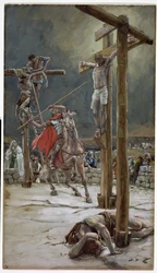 Een van de soldaten doorboorde zijn zijde met een speer, illustratie voor Het Leven van Christus