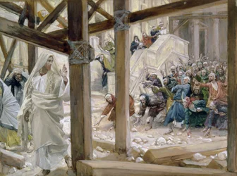 De Joden Pakten Stenen om Hem te Werpen, illustratie voor Het Leven van Christus