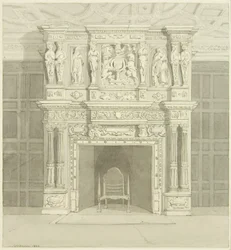Open haard in Langton Mansion, aan de Achterzijde