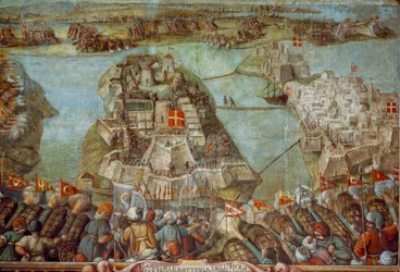 Dit fresco toont het Turkse beleg van Malta in 1565