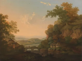 Een rivierscène met rieten hutten bij een brug over een stuw