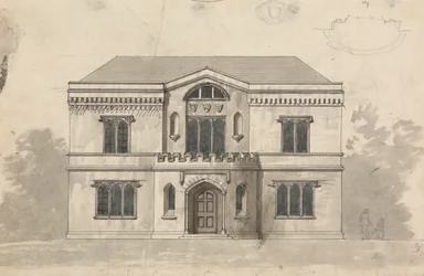 Voorbereidende tekening voor ontwerp 9, plaat 6 van een verzameling ontwerpen voor landelijke toevluchtsoorden