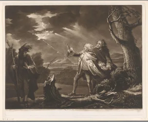 David Garrick als koning Lear met de graaf van Kent en Edgar vermomd als Tom in een stormachtig landschap
