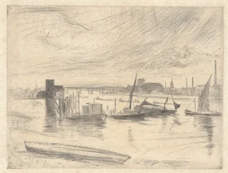 Dageraad in Battersea (Cadogan Pier), uit de Theemsreeks (een serie van zestien etsen met scènes aan de Theems en andere onderwerpen)