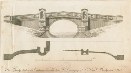 Weston-under-Lizard - Brug bij de ingang van Weston Park: gravure