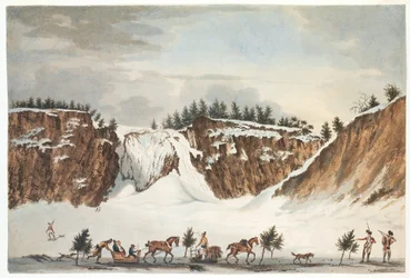 Een winterzicht op de watervallen van Montmorenci vanaf de weg op het ijs ervoor, genomen op 12 april 1781, gegraveerd door John Wells
