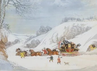 Een postkoets in diepe sneeuw, gegraveerd door George Hunt