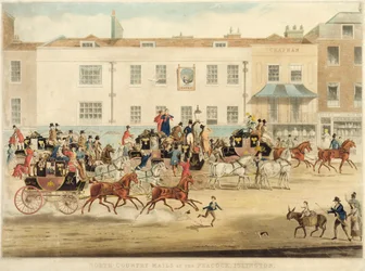 Postkoetsen uit de noordelijke graafschappen bij The Peakcock, Islington, 1838