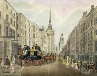 De Cambridge Coach vertrekt vanuit Belle Sauvage Yard, Ludgate Hill
