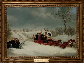 De Liverpool Mail in een sneeuwstorm bij St. Albans, 1837