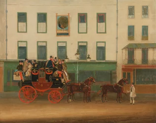 De postkoets Londen-Manchester, „the Peveril of the Peak“, voor de Peacock Inn, Islington
