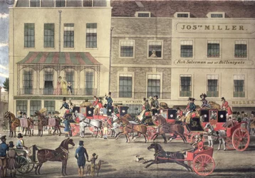 West Country Mails bij het Gloucester Coffee House, Piccadilly, gegraveerd door C. Rosenberg, 1828