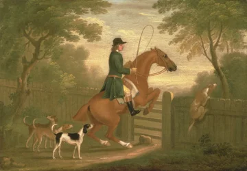Jager met zijn honden in een landschap