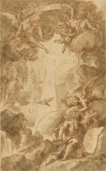Voorbereidende tekening voor de gravure door C. du Bosc, voor de Kapelbijbel van het Royal Marine College. Werk (43x26.6 cm) door James Thornhill (1675-1734), begin 18e eeuw.