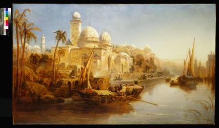 Vaartuigen afgemeerd bij de trappen van een Moors paleis, 1875