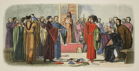 Albemarle en Fitzwalter wisselen uitdagingen uit, uit A Chronicle of England BC 55 to AD 1485, pub. London