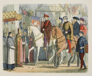 Karel VI van Frankrijk en Hendrik V verwelkomd door de geestelijkheid, 1 december 1420, uit 