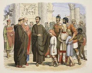 Gregorius en de Engelse Slaven in Rome, 590 AD, uit Een Kroniek van Engeland BC 55 tot AD 1485, uitgegeven Londen, 1863