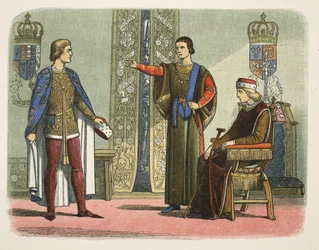 Hendrik VI en de hertogen van York en Somerset, september 1450, uit A Chronicle of England BC 55 to AD 1485, uitgegeven in Londen