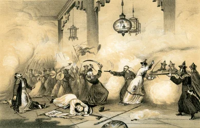 De huidige keizer van China als jonge man, redt het leven van zijn vader..., ca. 1796-1804, 1847