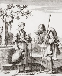 Een vrouw geeft een pelgrim een glas water