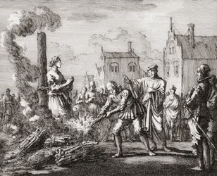 Een vrouw wordt als heks op de brandstapel gezet (print)