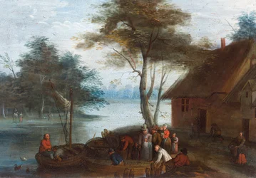 Een rivierlandschap met figuren bij een gebouw die in boten stappen