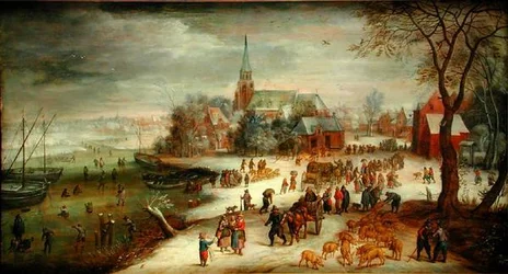 Een uitzicht op Shelle en de rivier de Schelde in de winter met een markt en schaatsers