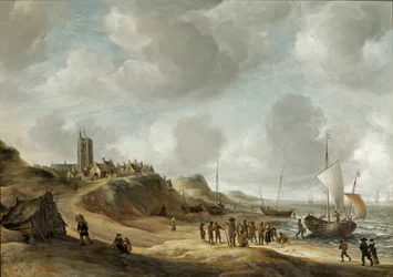 Een uitzicht op Egmond aan Zee met vissers op het strand en schepen op zee