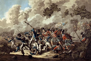 Nederlaag van de Franse Garde door de Hooglanders, La Haye Sainte, tijdens de Slag bij Waterloo, 1815