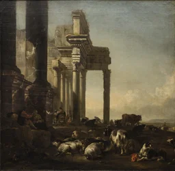 Italiaans landschap met boeren, vee en schapen bij klassieke ruïnes, ca. 1650s (olie op doek)